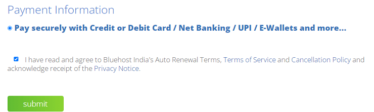 Bluehost India Payment Info