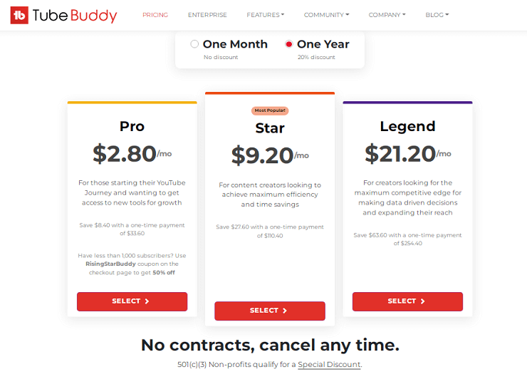 TubeBuddy Pricing Plans