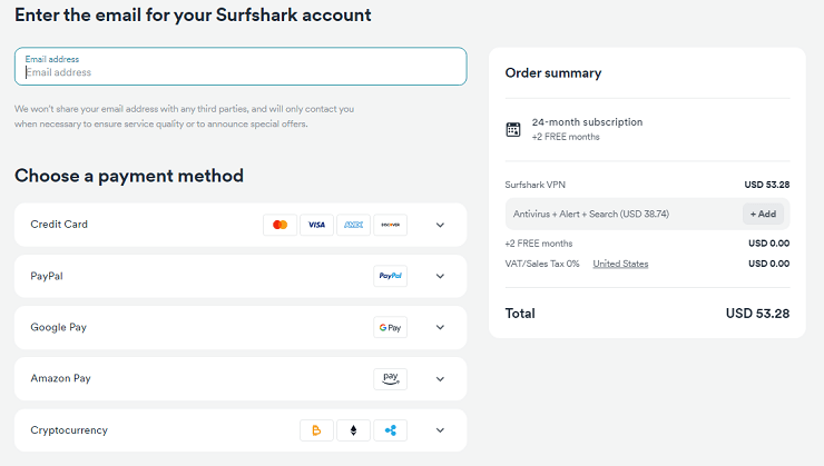 Surfshark Checkout Page